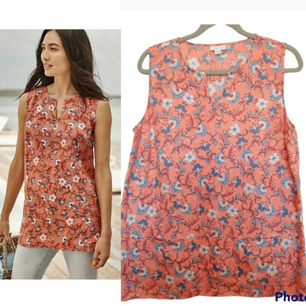 J. Jill Linen Multicolored Floral Sleeveless Shirt Top 100% Linen